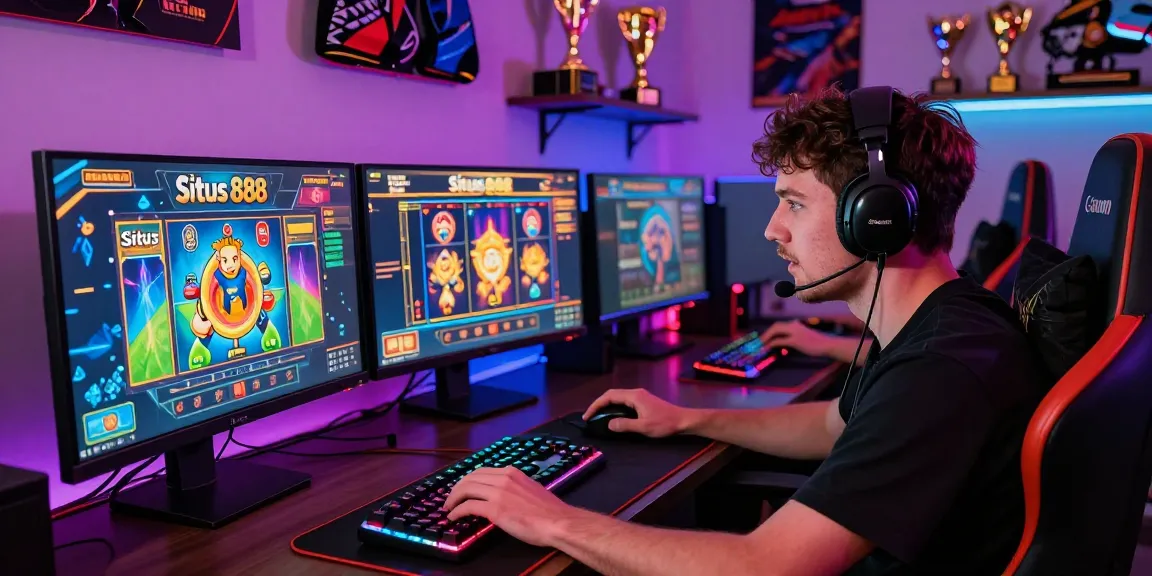 Situs 888 slot gaming scene featuring an enthusiast engaged in multiple screens, showcasing gaming accessories and digital excitement.