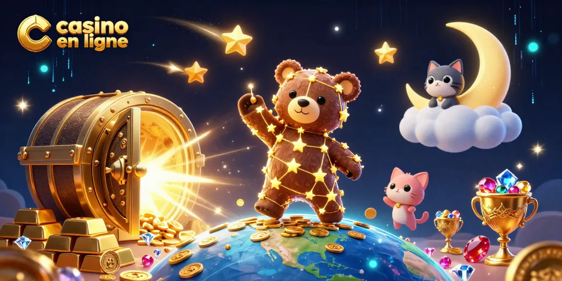 Jouez à un casino en ligne avec une illustration d'ours constellation et joyaux scintillants.