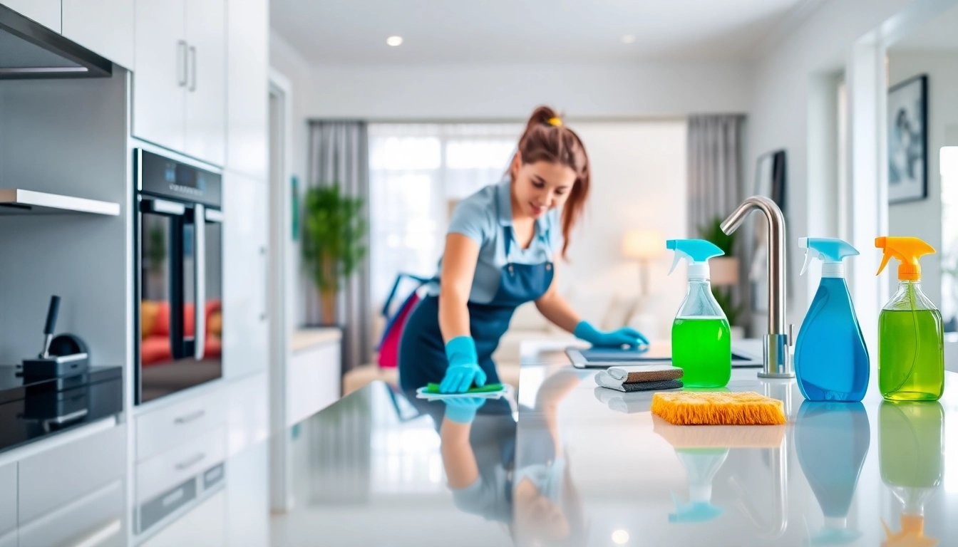 Efficient bond cleaning process highlighting professional cleaner organizing and sanitizing surfaces.