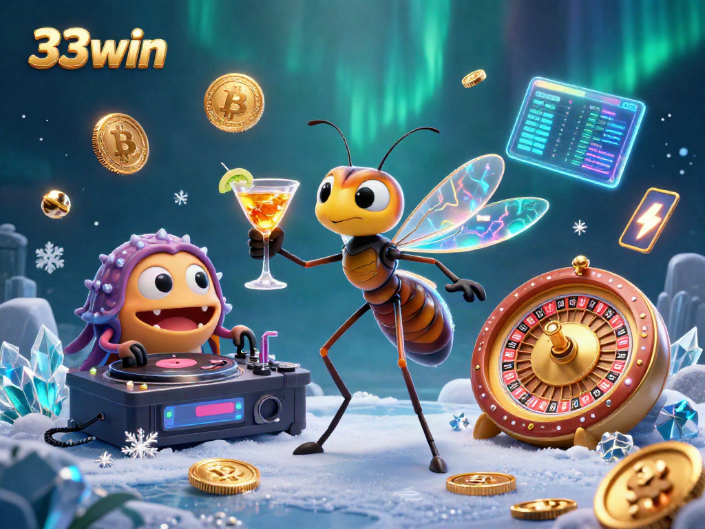 Win with 33win as a cartoon mosquito mascot and trilobite DJ conjure a vibrant casino scene.