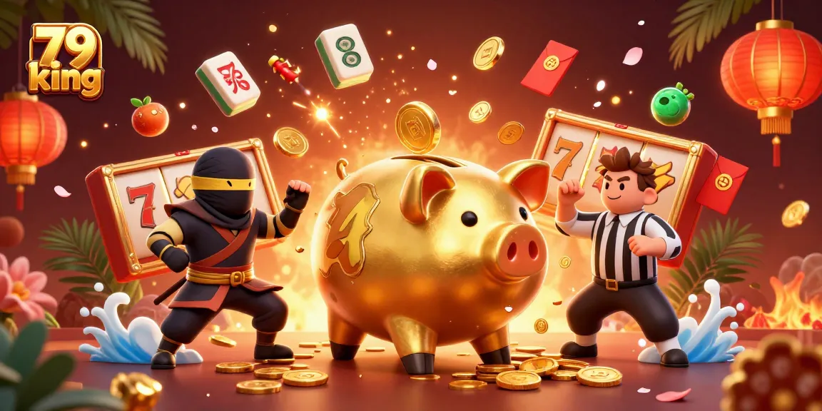 79 king showcases a dynamic 3D casino scene with a piggy bank sumo wrestler surrounded by slot reels.