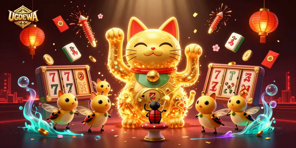 Experience the thrill of UGDEWA with a vibrant scene showcasing a giant lucky cat, fireworks, and rich slot game elements.