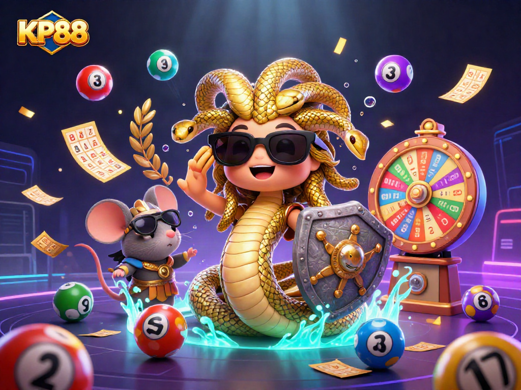 Engage with KP88: Enjoy a vibrant 3D illustration featuring lottery balls and casino excitement.