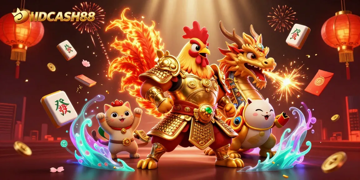 Experience thrilling gaming action with IDCASH88's dynamic digital environment and festive elements.