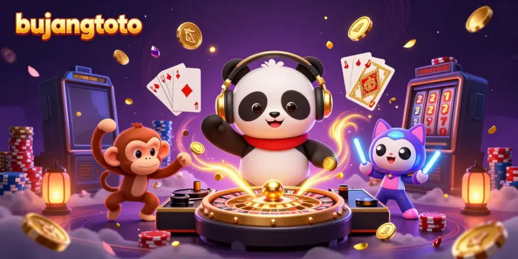 Experience winning with bujangtoto: vibrant casino scene featuring playful characters and dynamic game elements.