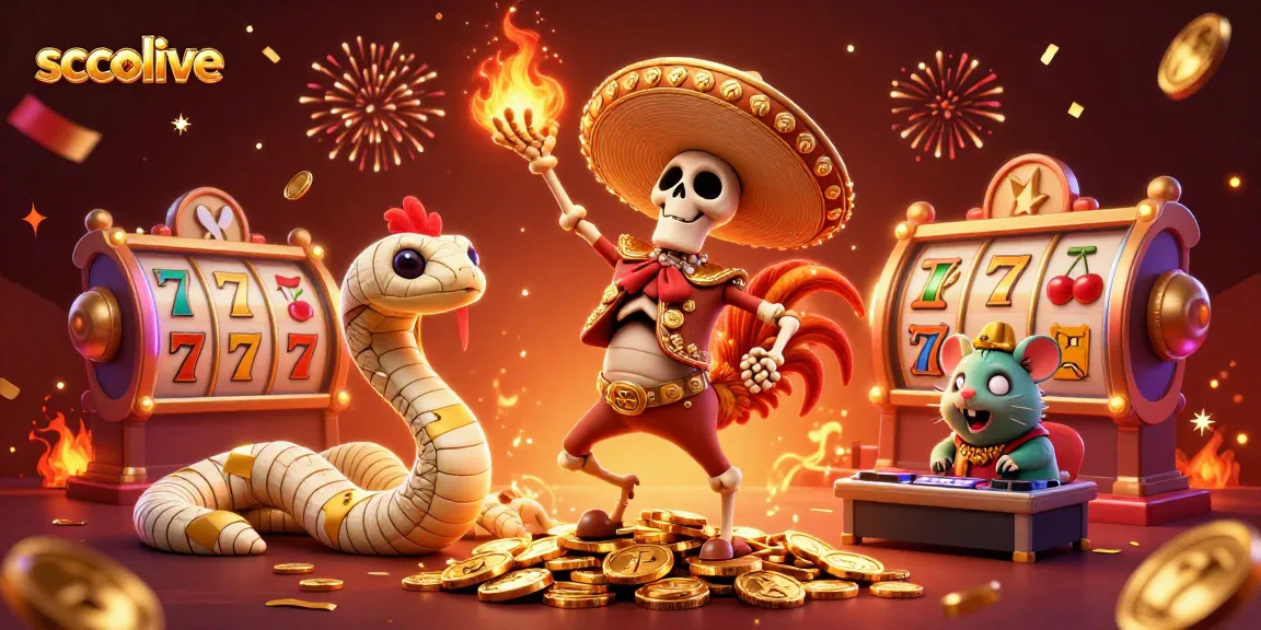 Socolive Casino illustration showcasing a festive scene with a mariachi rooster, mummy snake, and DJ hamster surrounded by slot reels.