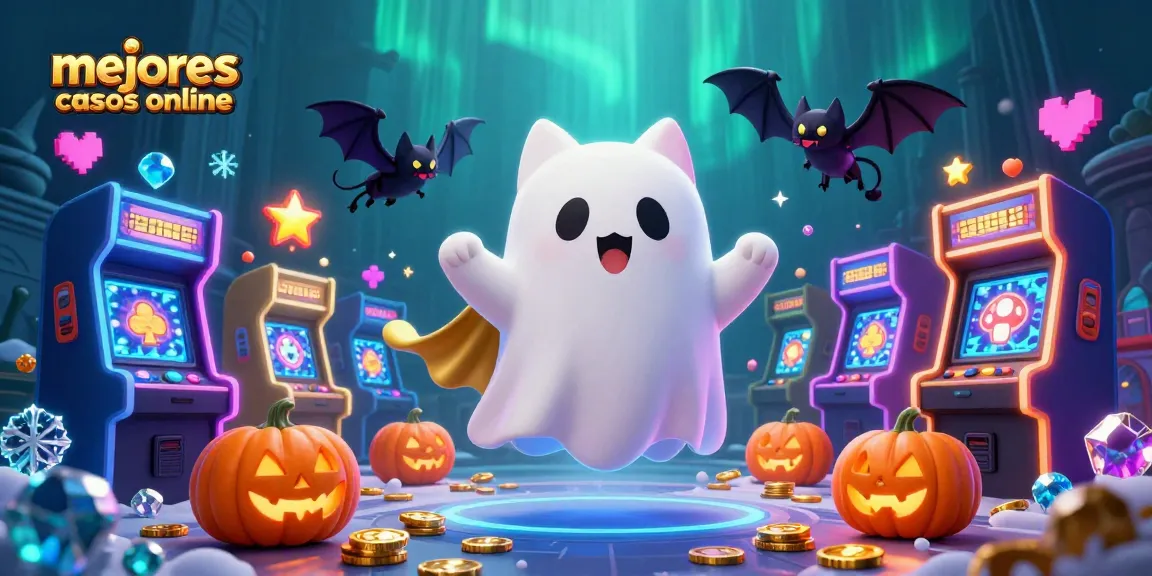 Juega en los mejores casinos online con la fantasía de un gato espectro y un murciélago en un casino iluminado.