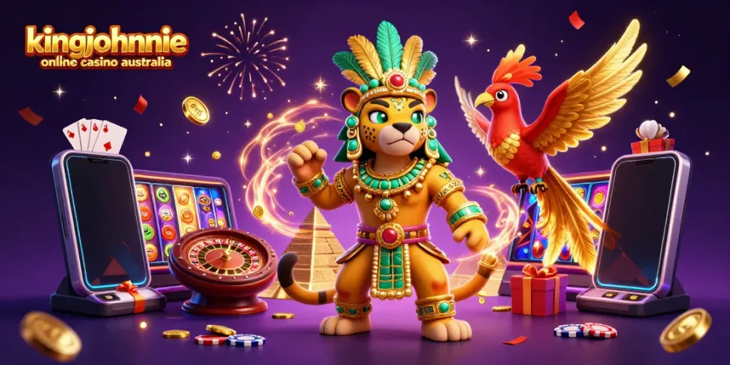 Engage with kingjohnnie online casino australia in a vibrant 3D illustration featuring a Mayan jaguar priest, slot games, and festive elements.