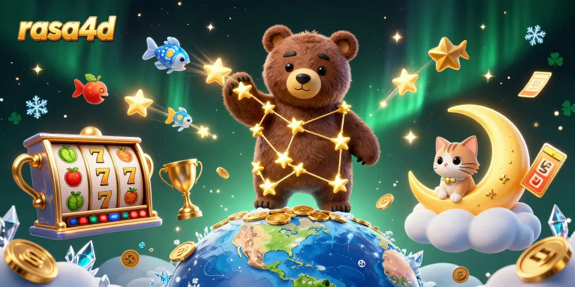 Menggali peluang menang dengan rasa4d, ilustrasi kasino yang menampilkan bintang emas, kucing bulan, dan elemen slot.
