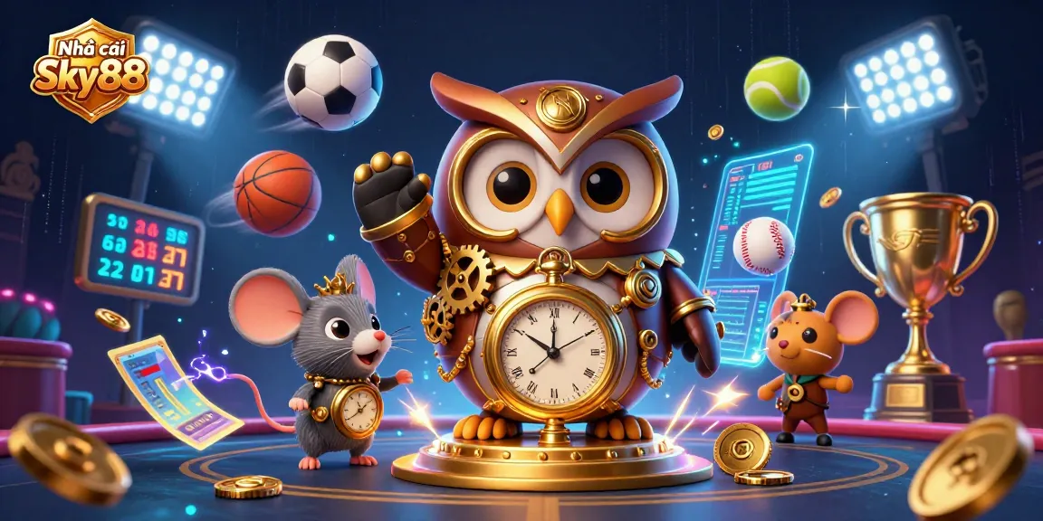 Bet on Nhà cái Sky88 with playful owl and mouse in a vibrant 3D casino world.