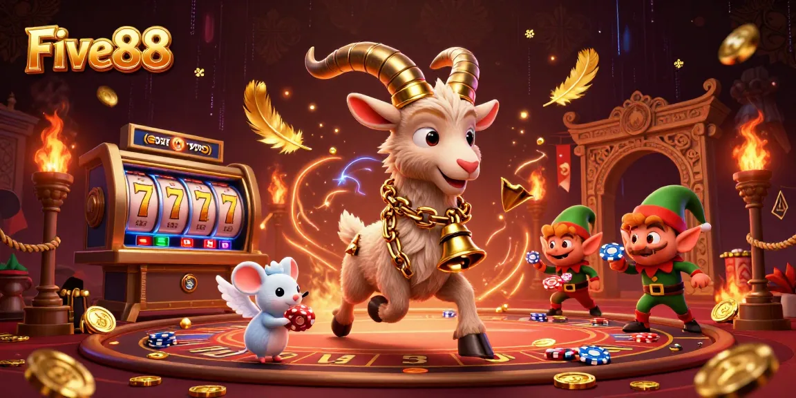 Five88 casino scene featuring a festive Krampus goat and elf gremlins amidst slot games and excitement.