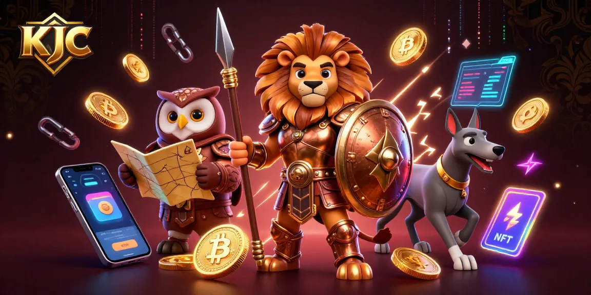 KJC showcases a vibrant 3D casino scene with a Spartan lion and cryptocurrency elements.