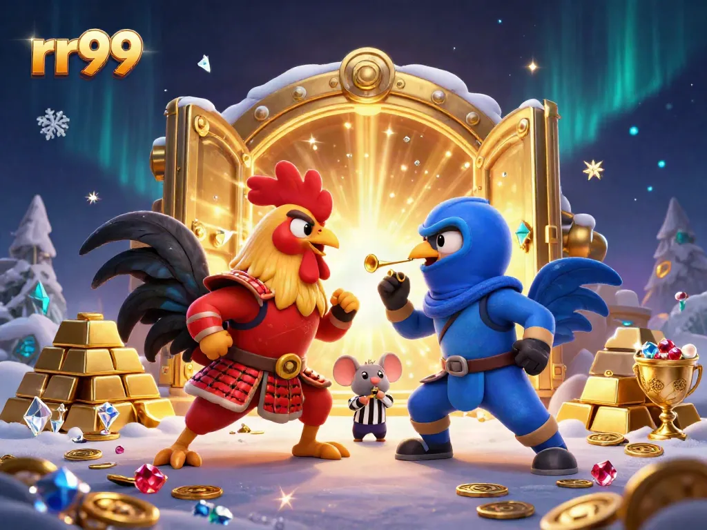 Experience thrilling challenges with rr99 as 3D cartoon roosters duel in a rich casino setting filled with treasure.