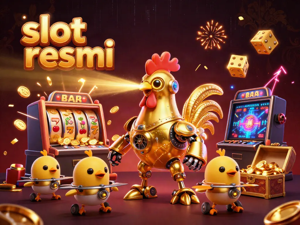 Spin to win at slot resmi with a laser-shooting rooster and dazzling slot machine explosion.