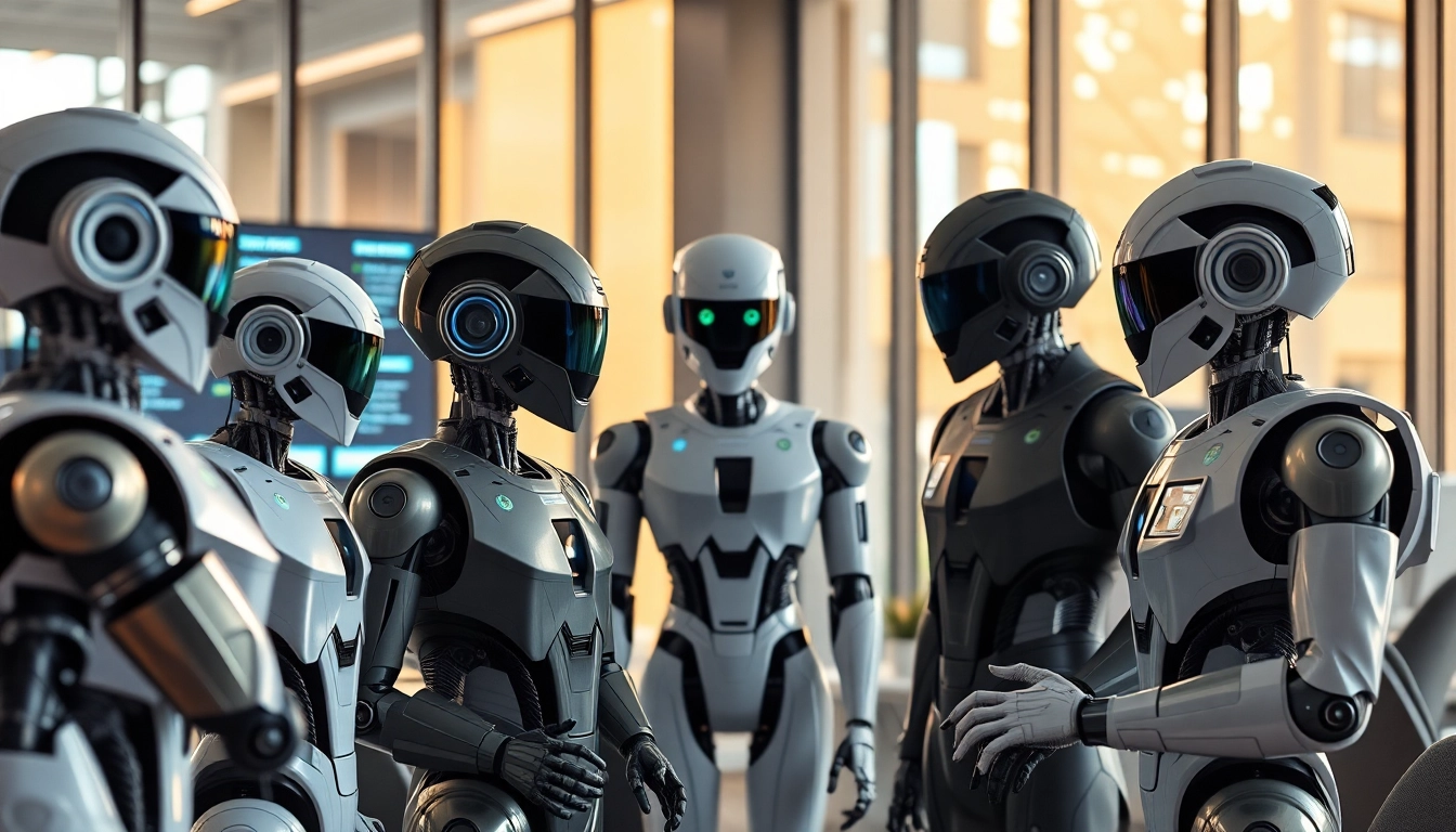 Engaging AI Bots interacting in a modern office environment for collaboration and innovation.