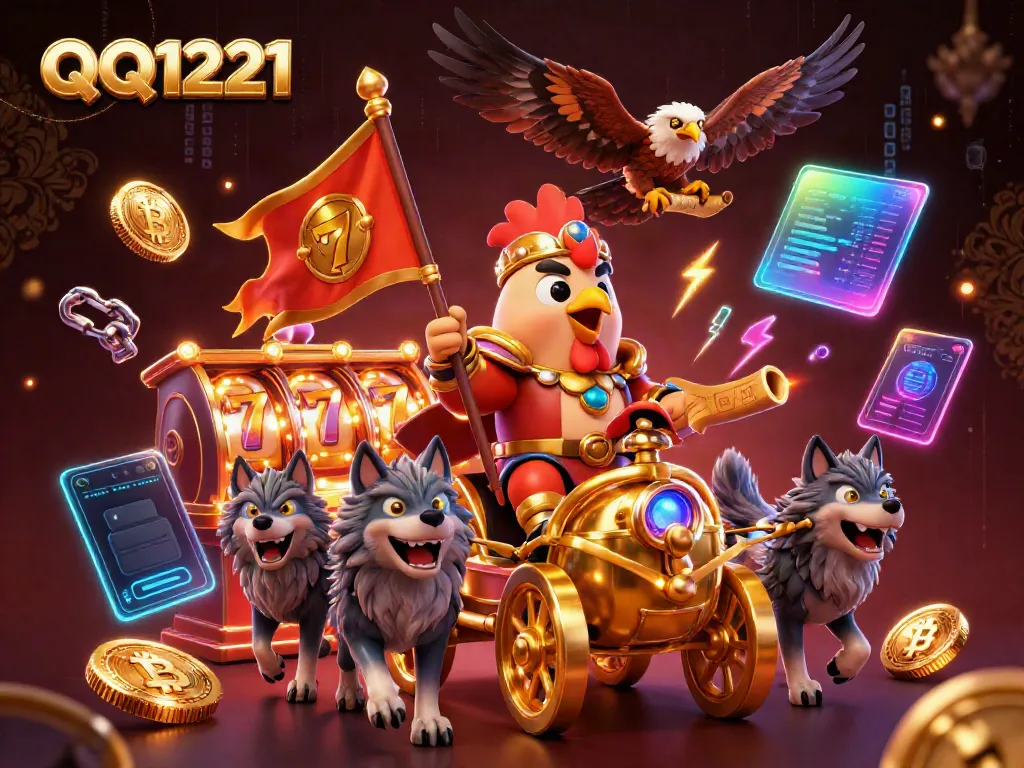 Experience the thrill of QQ1221 with vibrant slot machines, bitcoin coins, and a dynamic rooster warlord scene.