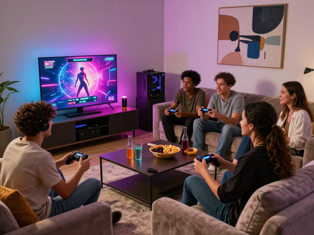 Playing real sex games in a stylish living room with friends, enjoying vibrant graphics and snacks.