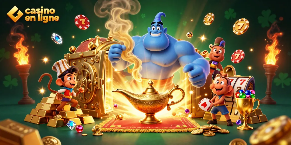 Illustration captivante casino en ligne avec un génie et des éléments de jeux d'argent animés.
