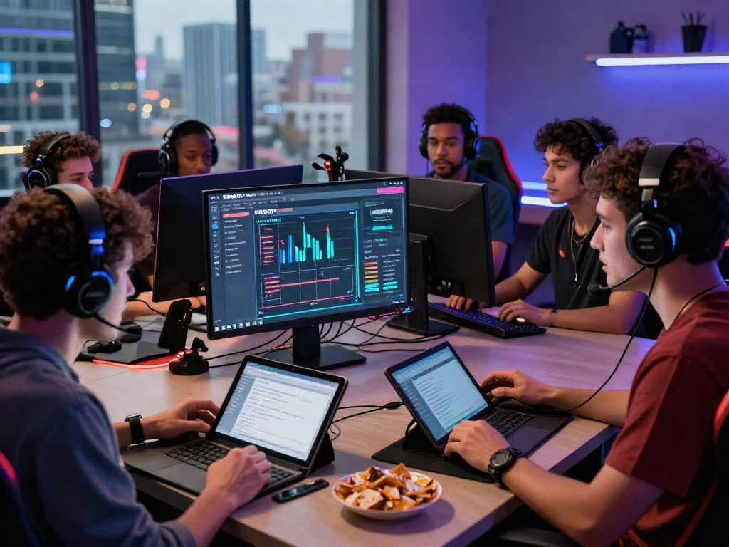 Diverse gamers analyzing 먹튀검증 data in a vibrant setting, showcasing teamwork and technology.