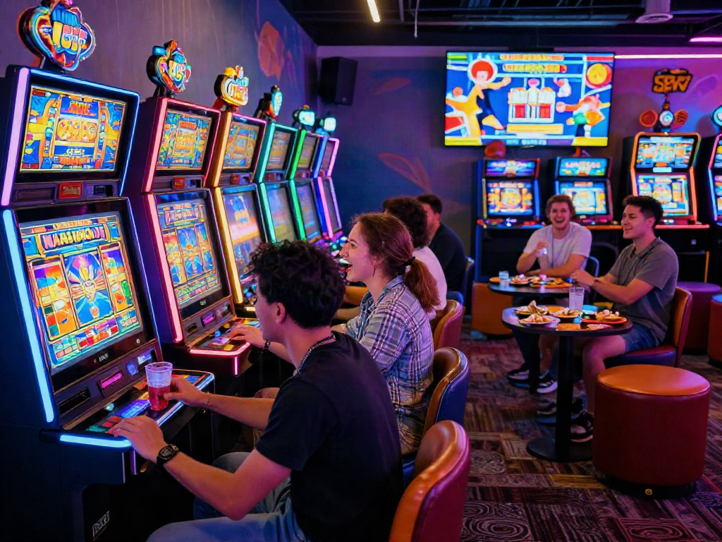 Players enjoying Slot MAHJONGJP88 in a vibrant gaming arcade atmosphere.