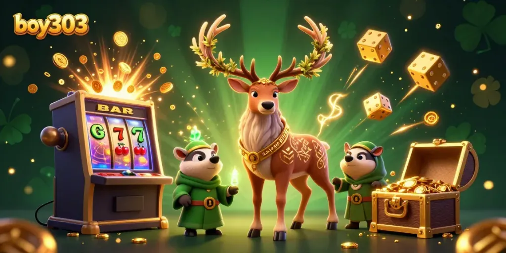 Experience the excitement of boy303 with a dynamic casino scene filled with jackpots and vibrant 3D characters.