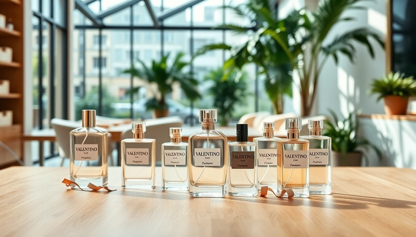 Showcase of valentino fragrance samples presented in an elegant urban setting.