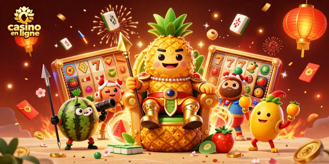 Jouez aux jeux de casino en ligne avec le roi ananas et ses gardes à l'arrière-plan festif.