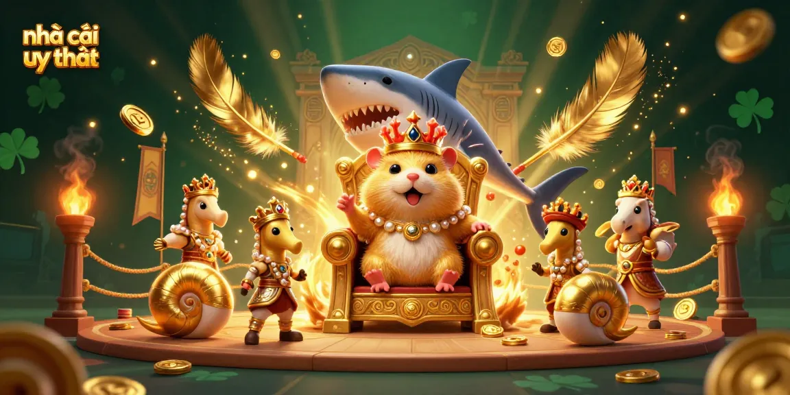 Bet on the best with nhà cái uy tín, featuring a vibrant 3D illustration of a fierce hamster king among gaming elements.
