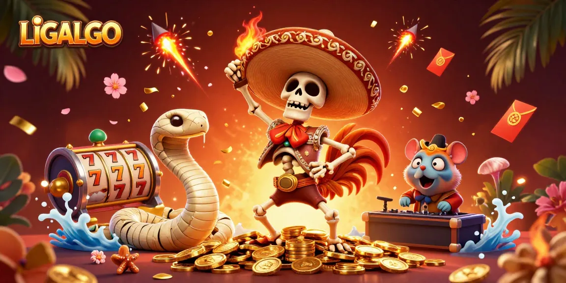 LIGALGO embraces the thrill of online slots with a vibrant, celebratory scene featuring a mariachi rooster and lucky symbols.