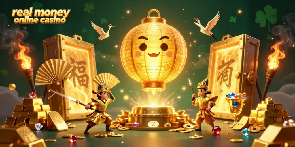 Experience the excitement of a real money online casino with animated golden characters and treasures.