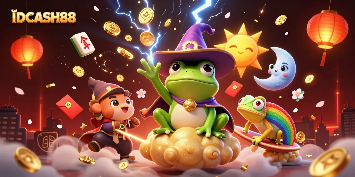 Engage with IDCASH88's 3D gaming adventure featuring a wizard frog, chameleon, and festive elements.