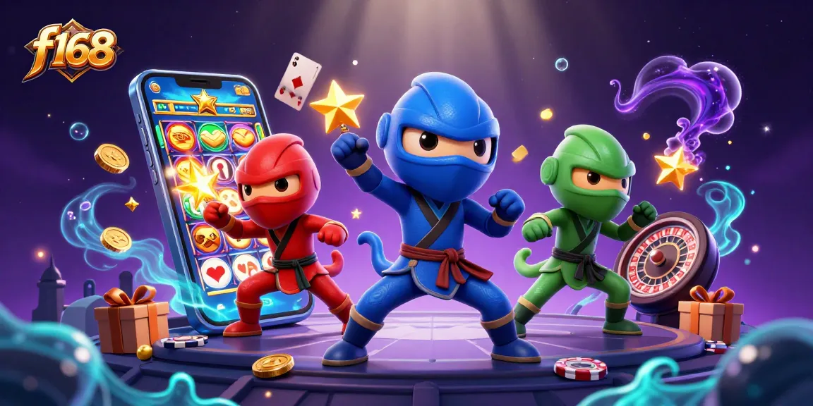 Experience thrilling wins with f168, as ninja chameleons celebrate at an exciting slot game!