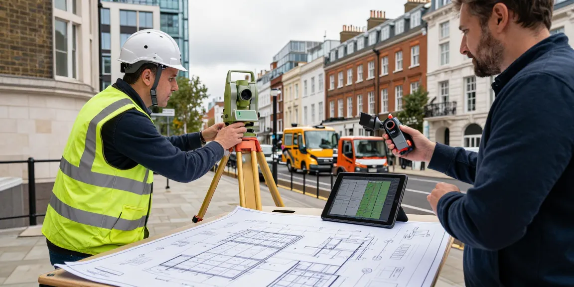 Measured building surveys UK conducted by a professional surveyor on site in London, showcasing detailed planning and technology.