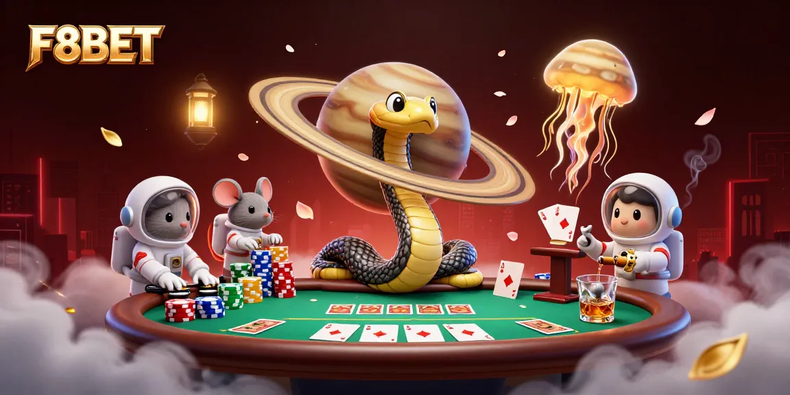 Engage with F8BET by betting on roulette and poker in a cosmic-themed 3D casino scene.