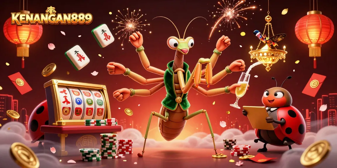 Experience winning thrills with KENANGAN889 in this vibrant casino scene featuring dynamic cards, chips, and festive elements.