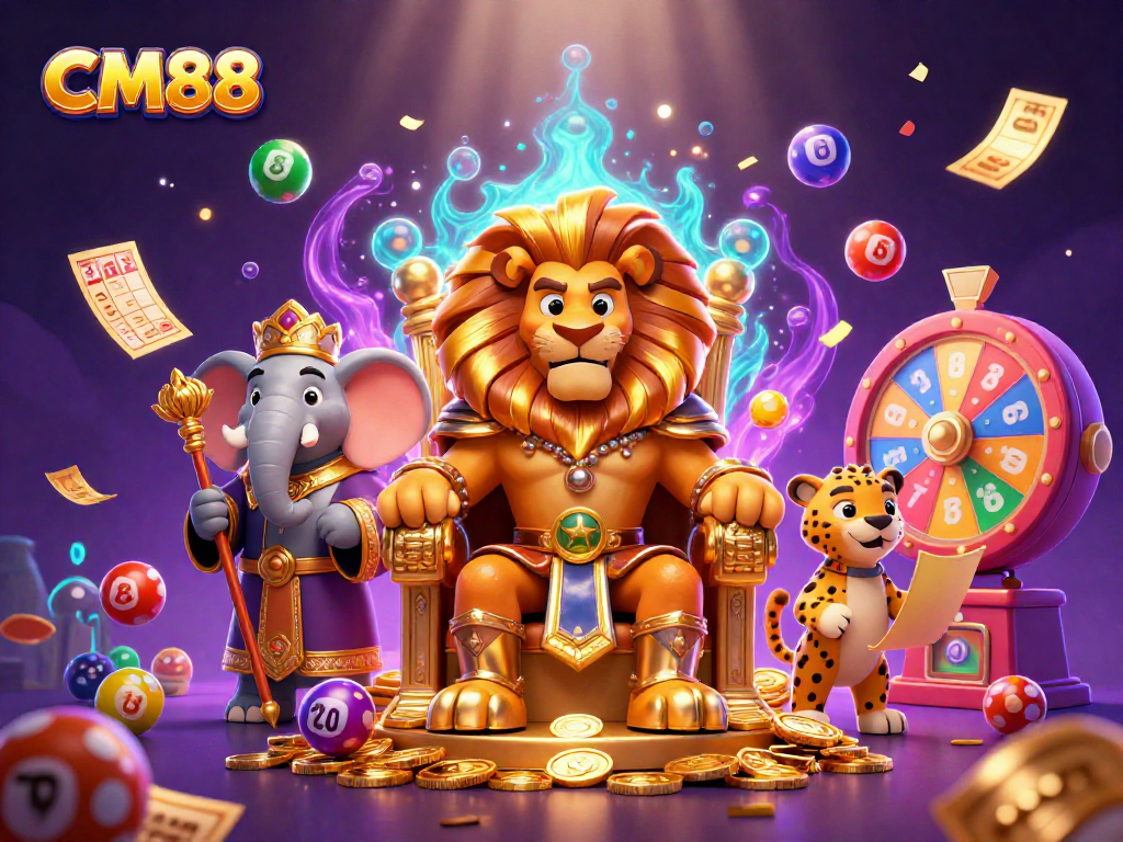Experience thrilling wins at CM88 with a lively 3D casino scene showcasing unique characters and vibrant game elements.