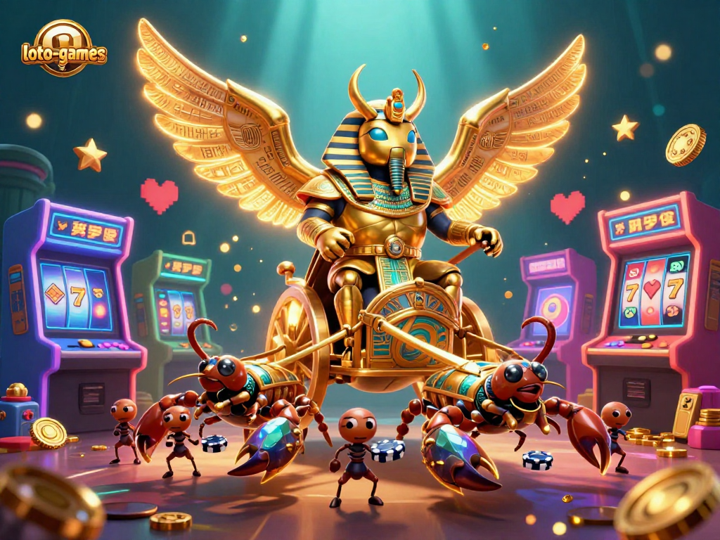 Join the excitement of loto-games featuring a 3D golden scarab and casino elements in vibrant play.