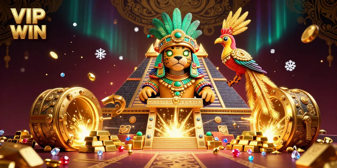 Bet big with VIP WIN in this vibrant casino illustration featuring a Mayan priest and sparkling treasures.