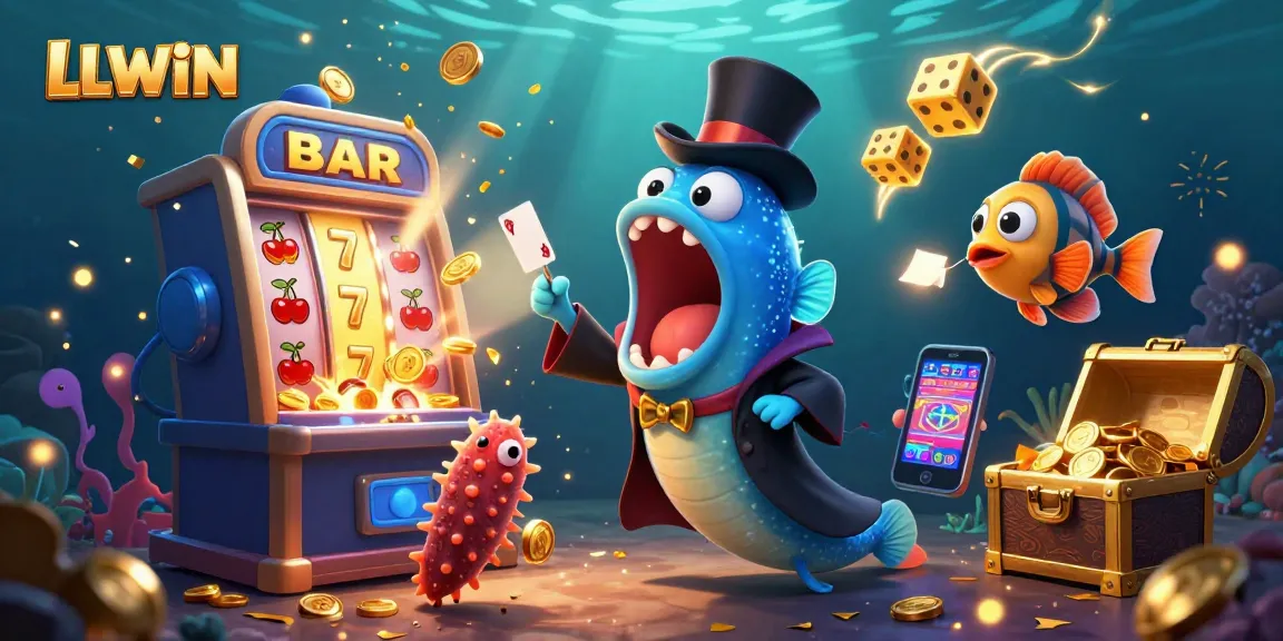 Experience LLWIN's magical casino world with an eel performing tricks and vibrant jackpots bursting