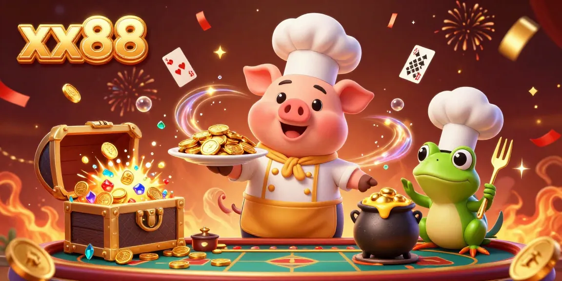 Experience winning at xx88 with a vibrant 3D casino-themed illustration showcasing a chef pig, sous-chef mouse, and food critic frog amidst gold and cards.
