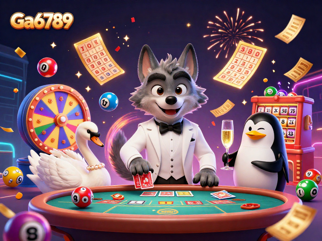 Experience thrilling gameplay at Ga6789 with a lively casino scene of animated characters and vibrant game elements.
