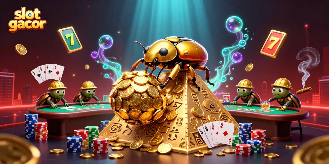 Engage with slot gacor and experience a vibrant 3D illustration of golden beetles and casino elements.
