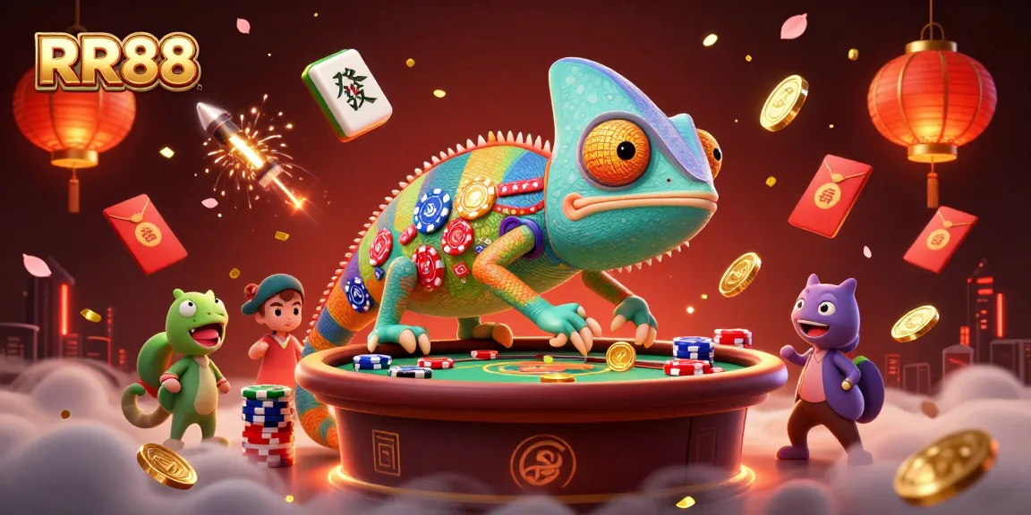 RR88 chameleon casino owner captures coins amidst vibrant gaming elements, showcasing online gambling excitement.