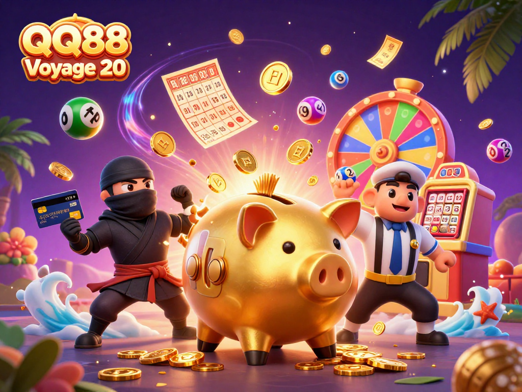 Engage in a thrilling experience with QQ88 Voyage 20 featuring animated casino characters and vibrant game elements.