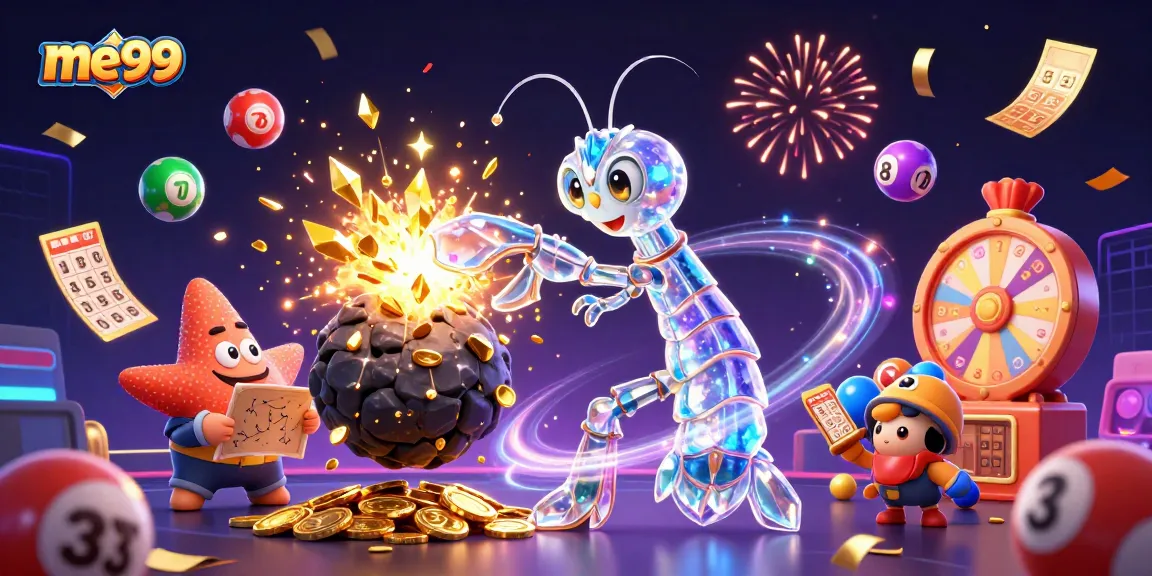 Experience me99's thrilling adventure with vibrant lottery elements and a galactic samurai shrimp.