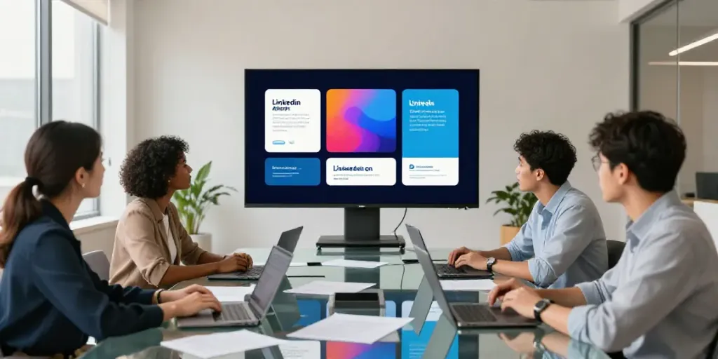 Team collaborating on AI generated LinkedIn ad copy strategies in a modern office.