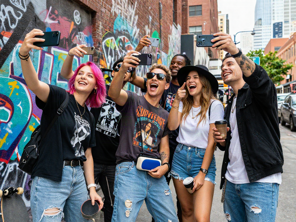 Friends comparing selfies to celebrity lookalikes in an urban setting, showcasing a fun community vibe.