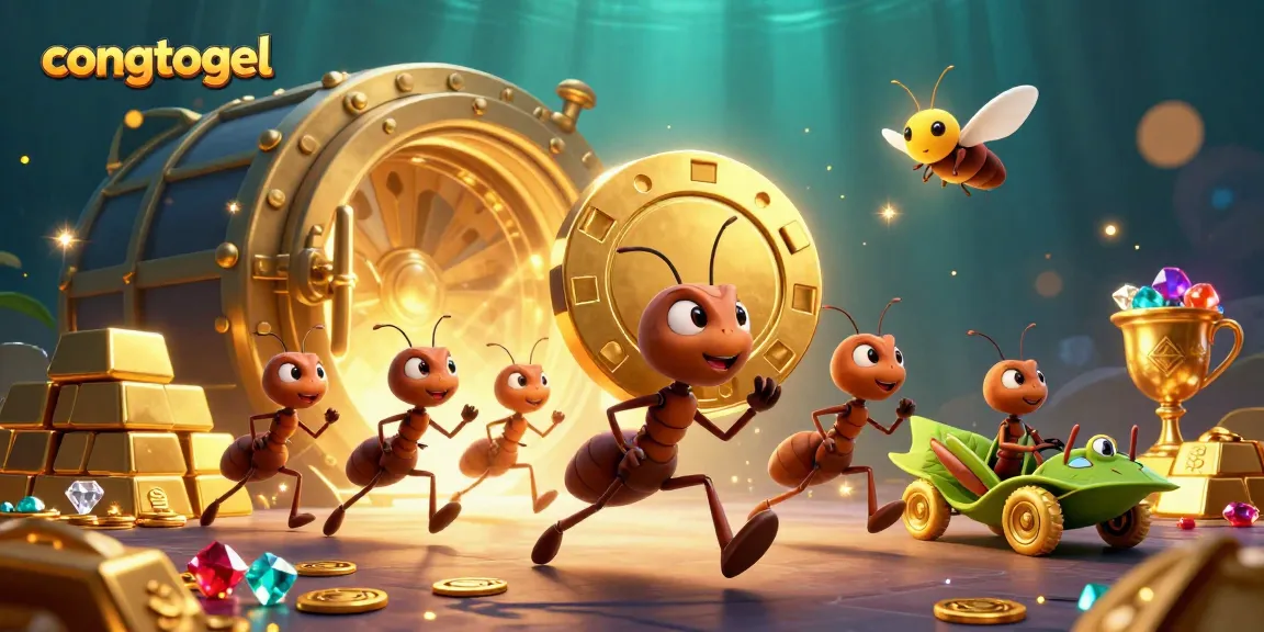 Visualize congtogel excitement with a cartoon ant heist scene amid golden treasures.