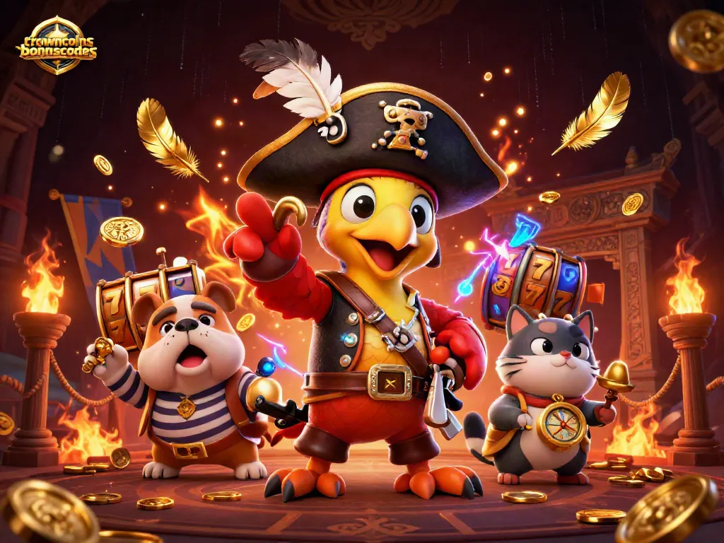 Crowncoinsbonuscodes offers a thrilling pirate-themed casino illustration showcasing game elements and vibrant characters.