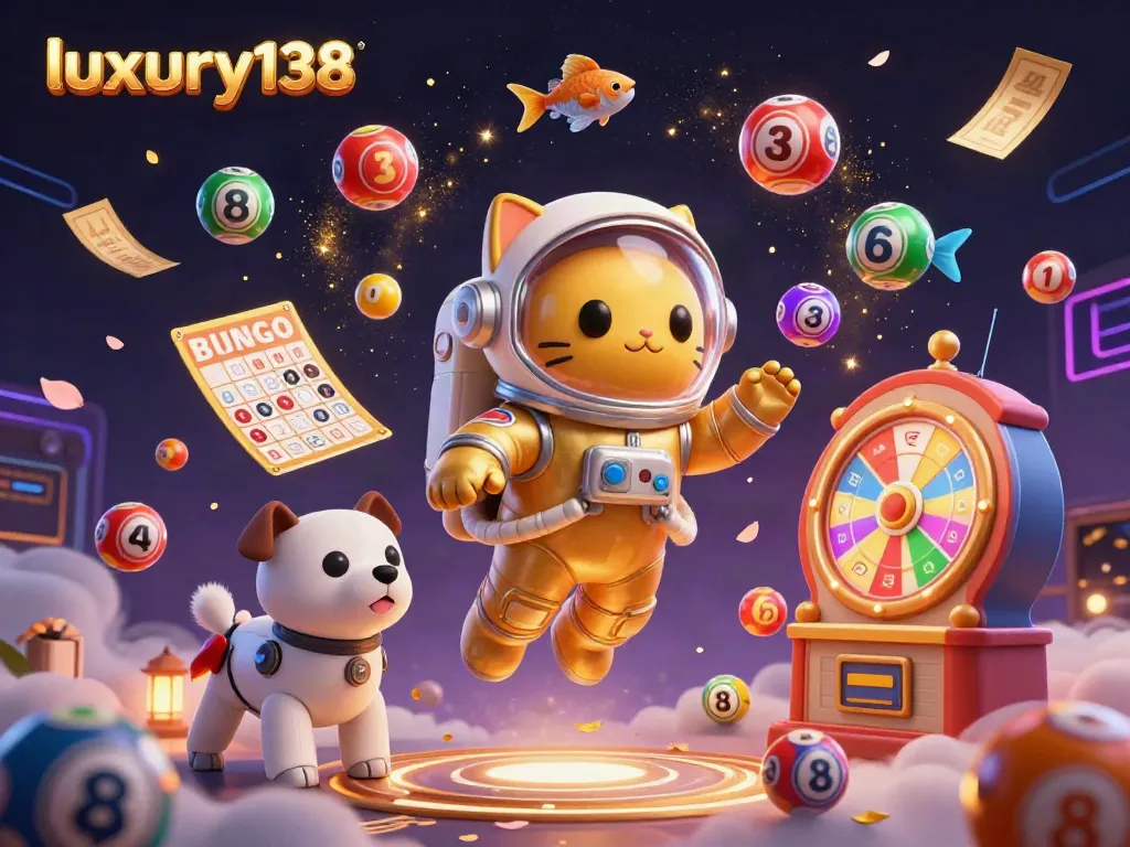 Experience thrilling gameplay with luxury138’s vibrant scene featuring lucky lottery balls and animated casino elements.